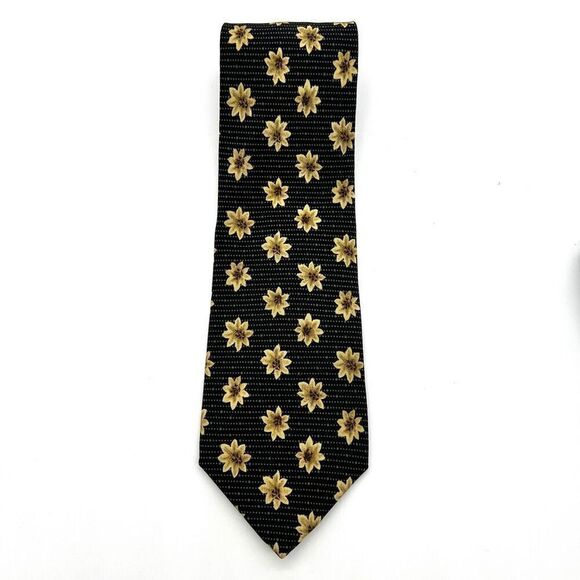 XMI Signature Floral Silk Tie Made in USA Black and Light Yellow - Picture 1 of 7